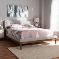 Baxton Studio BBT6696-Greyish Beige-Queen Louvain Modern and Contemporary Greyish Beige Fabric Upholstered Walnut-Finished Queen Sized Platform Bed
